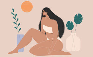 ilustração de uma mulher entre vasos de plantas indicando a prática de ginecologia natural