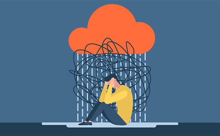 ilustração de uma pessoa com as mãos sobre o rosto sentada no chão, com uma nuvem de chuva direcionada sobre sua cabeça, indicando sintomas de estresse e ansiedade